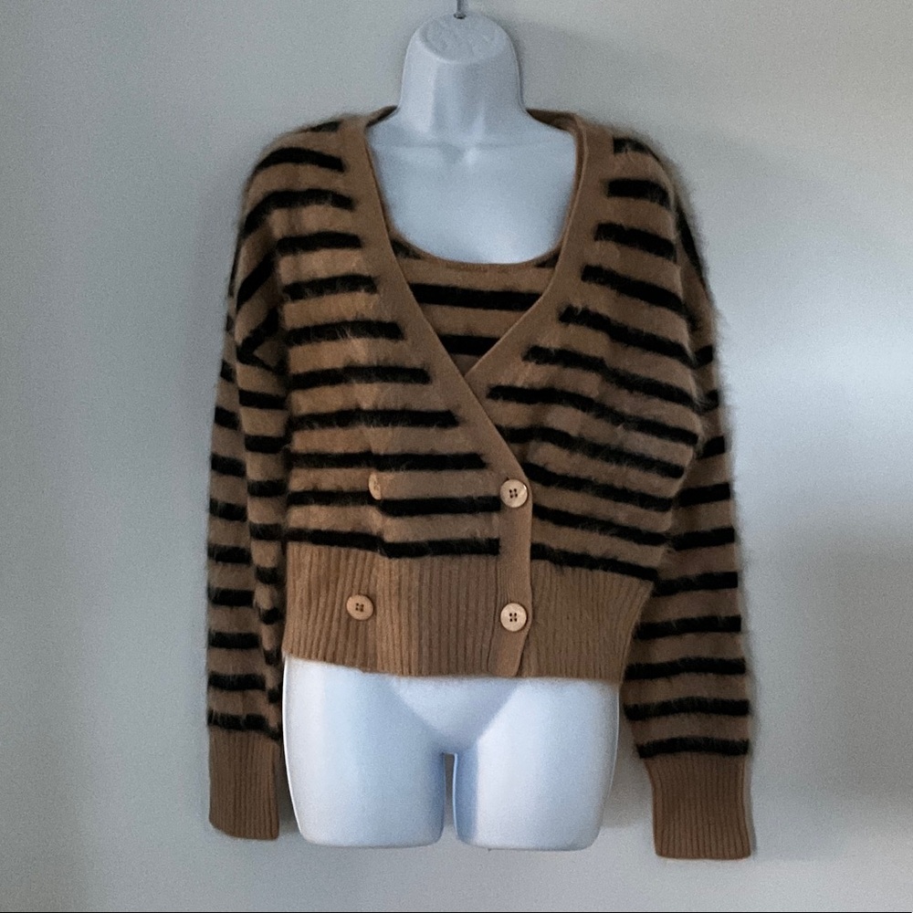 J. Crew Tan and Black Cashmere Striped Button Cardigan and tank